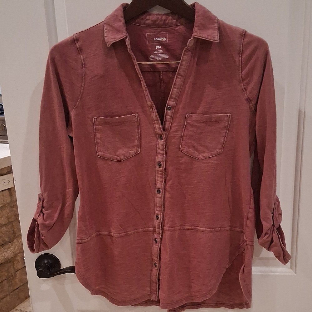 Sonoma Cotton Button Front Top Size Petite Medium Dusty Rose Color